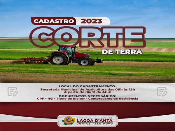 informamos aos agricultores de nossa cidade, que neste dia 11 de abril começará o cadastramento para o corte de terra.